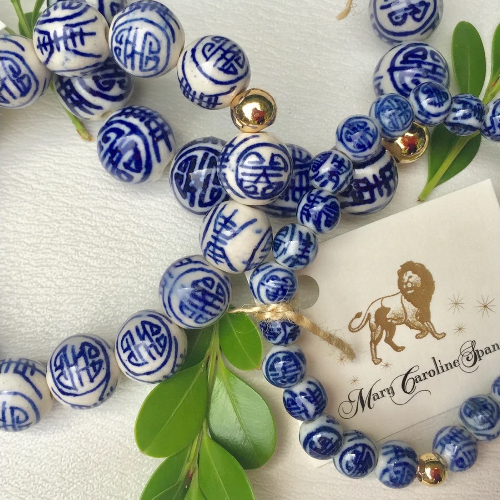 Mary Caroline Spano Blue and Gold Beaded Bracelet 14mm